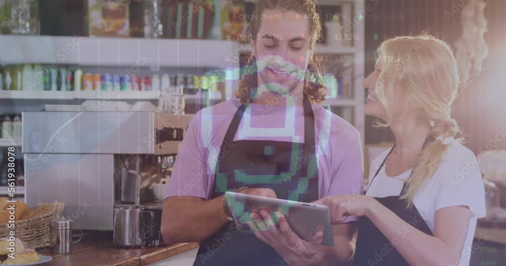 Poster animation of security padlock icon over caucasian waiter and waitress using digital tablet