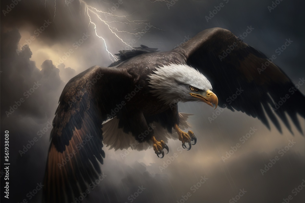 Poster a bald eagle flying through a cloudy sky with lightning in the background and lightning bolt in the 