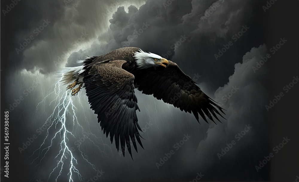 Poster a bald eagle flying through a cloudy sky with lightning behind it and a lightning bolt in the sky ab