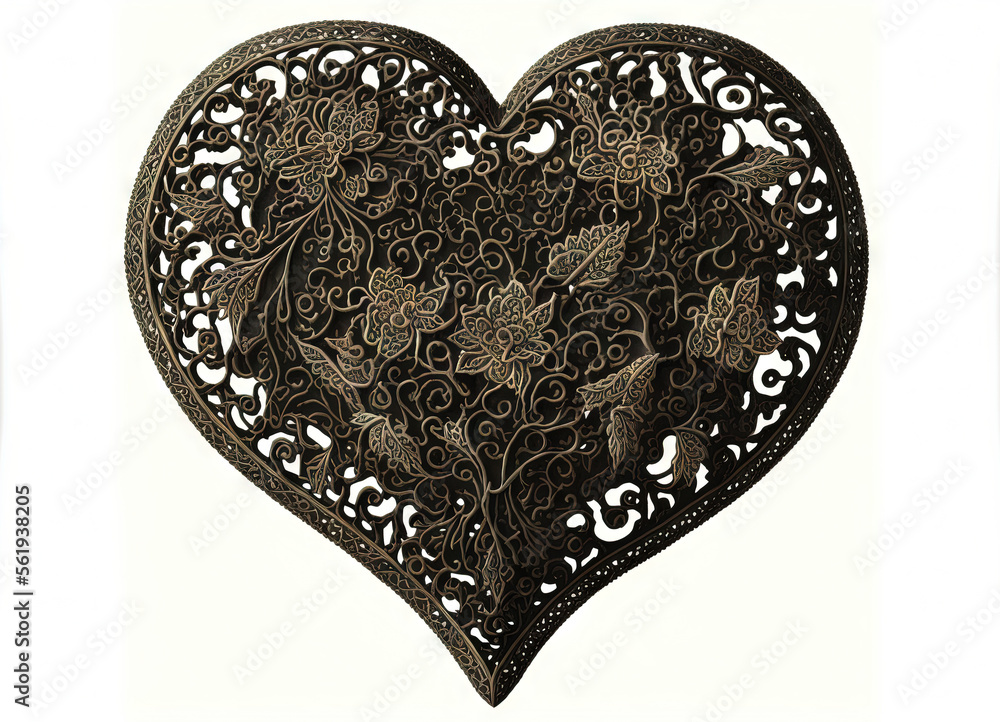 Poster a heart shaped metal object with a design of flowers and butterflies on it's side and a black frame 