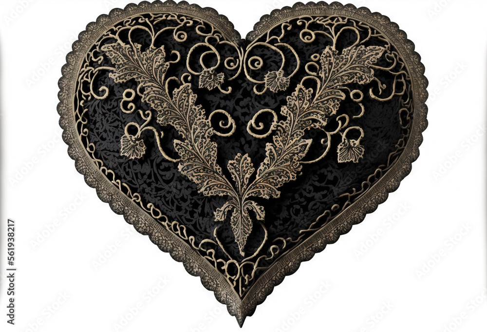 Poster a heart shaped object with a decorative design on it's side and a black background with gold accents
