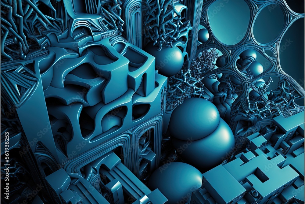 Aufkleber a blue abstract background with a bunch of balls and shapes in it and a black frame around it that s