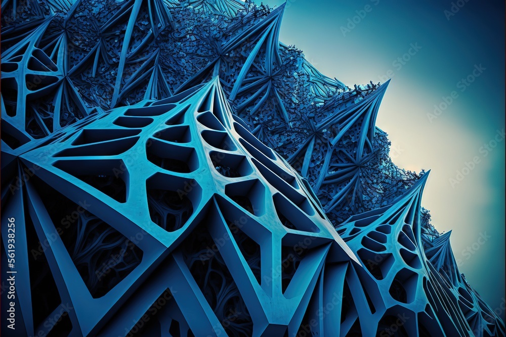 Poster a very tall building with many different shapes on it's sides and a sky background behind it with a 