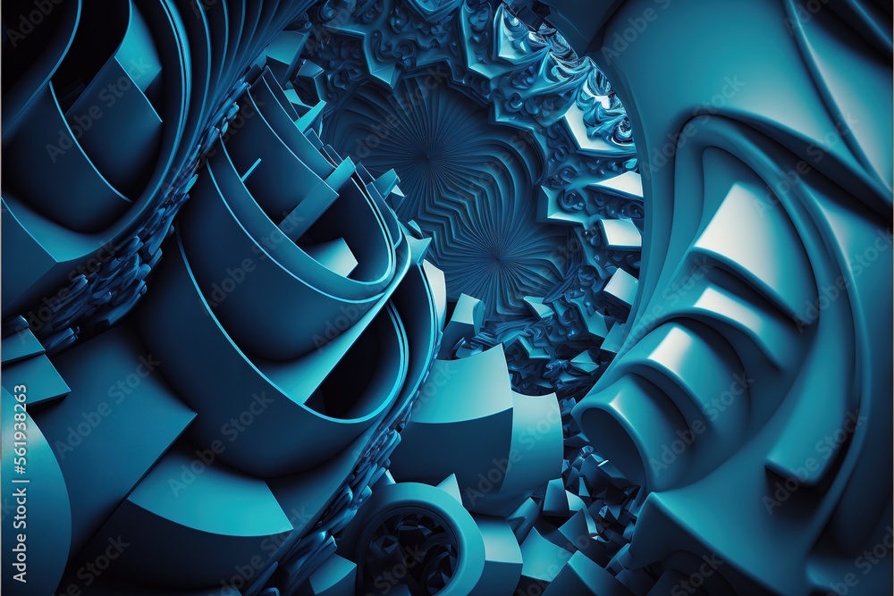 Poster a computer generated image of a blue and black object with a spiral design on it's side and a black 