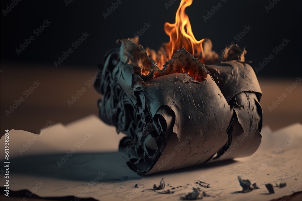 Poster a piece of burnt paper with a fire burning inside of it on a table top with a black background and a