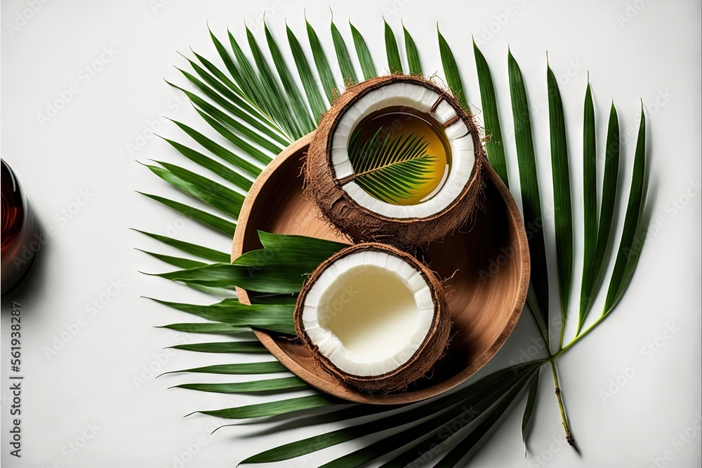 Poster a coconut and a leaf on a white surface with a bottle of coconut oil in the middle of the image and 