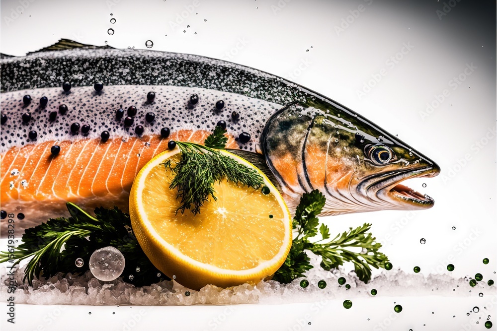 Poster a fish with a slice of lemon and a piece of salmon on it's side with water droplets around it and a 