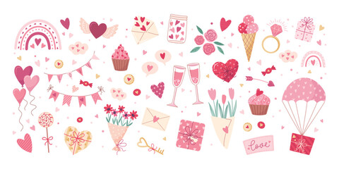 Valentine's day elements set. Gift, heart, balloon, flowers, key, rose, candy, and others for decorative. Stickers cartoon style. Vector illustration.