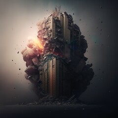 A rocket hit the house. The house is blown up. Fire. Crash. War. Created with Generative AI technology