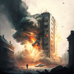 A rocket hit the house. The house is blown up. Fire. Crash. War. Created with Generative AI technology	