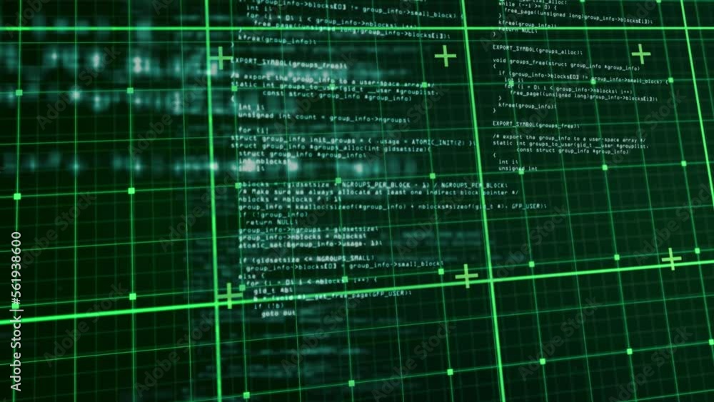 Poster animation of grid pattern and plus signs over computer language against abstract background