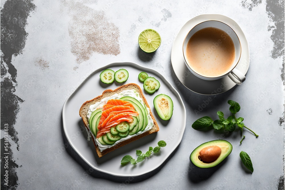 Poster a plate with a sandwich and a cup of coffee on it next to a plate with sliced avocado and sliced sal