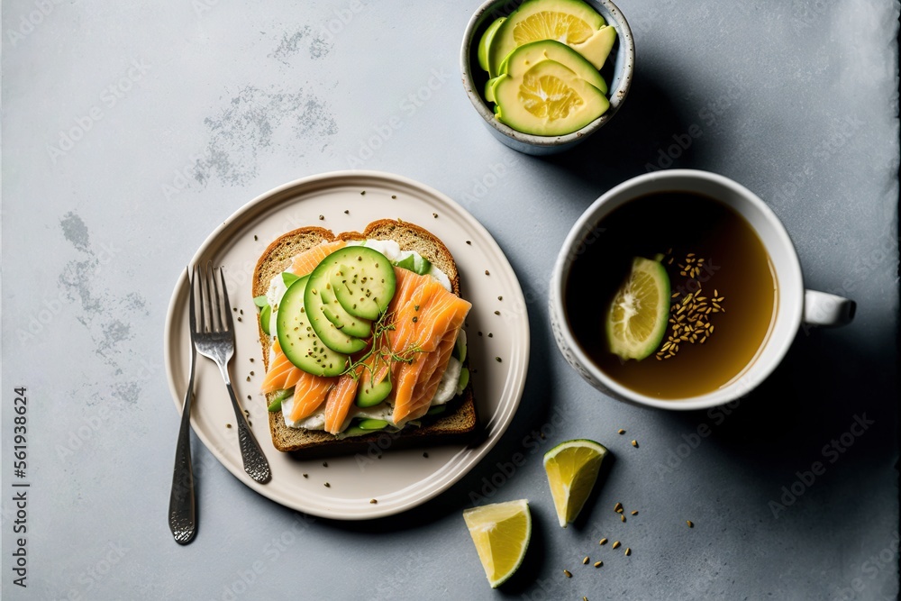Poster a sandwich with cucumbers and salmon on a plate next to a cup of tea and a spoon and a spoon with a 