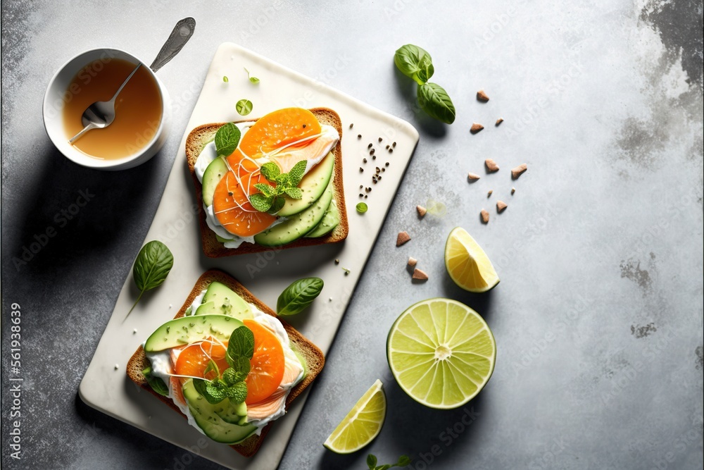 Poster a plate with two slices of bread topped with avocado and orange slices and a cup of tea on the side 