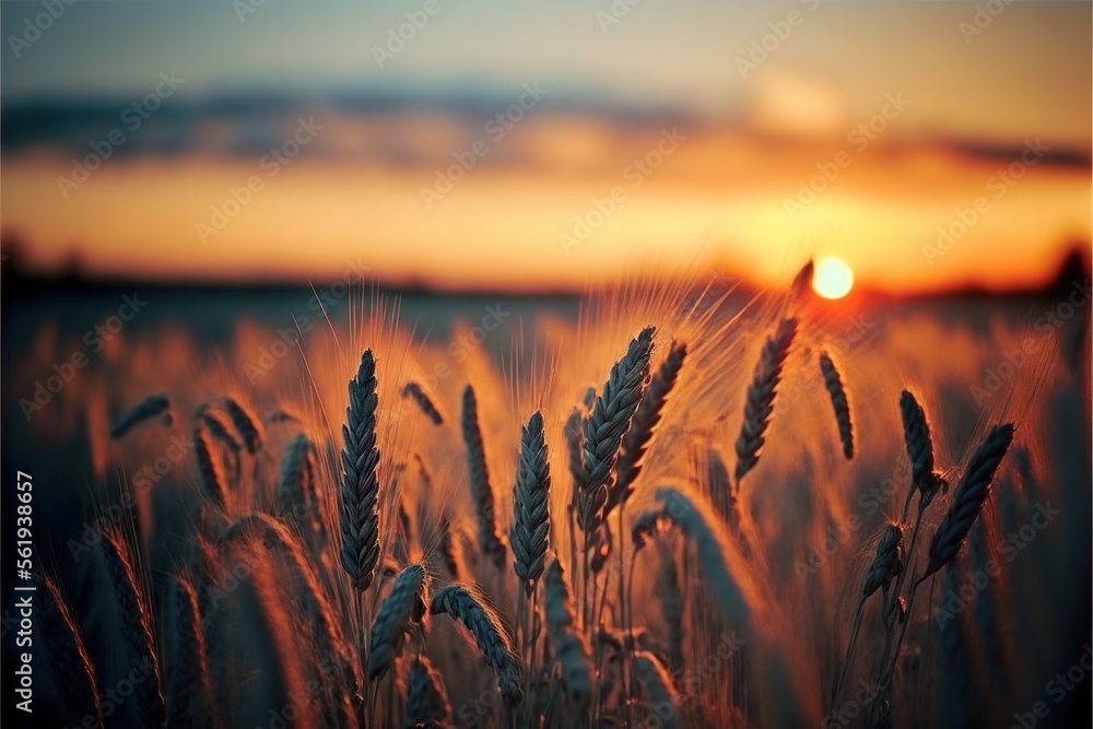 Poster a field of wheat at sunset with the sun setting in the distance behind it and a few clouds in the sk