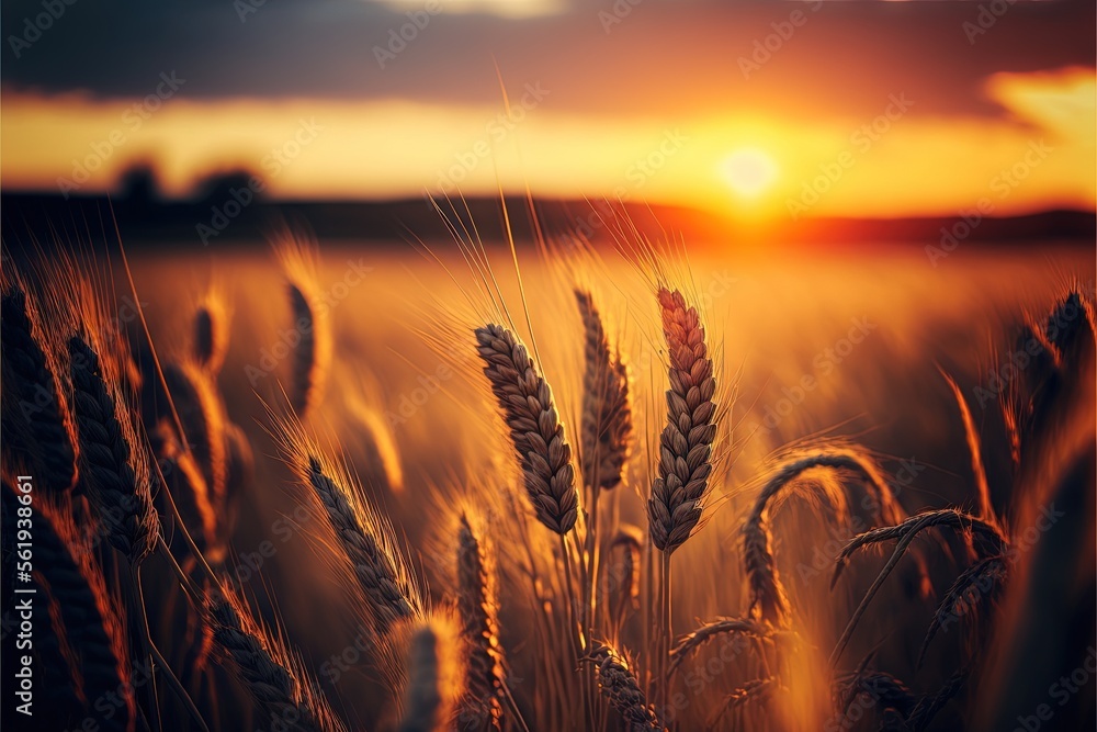 Aufkleber a field of wheat at sunset with the sun setting in the distance behind it and a few clouds in the sk