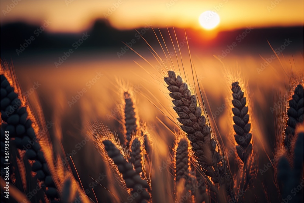 Poster a field of wheat at sunset with the sun setting in the background and a few stalks of wheat in the f