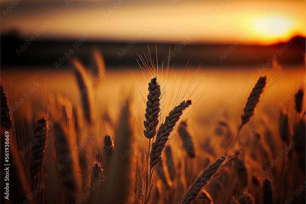 Poster a field of wheat at sunset with the sun setting in the distance behind it and a few clouds in the sk