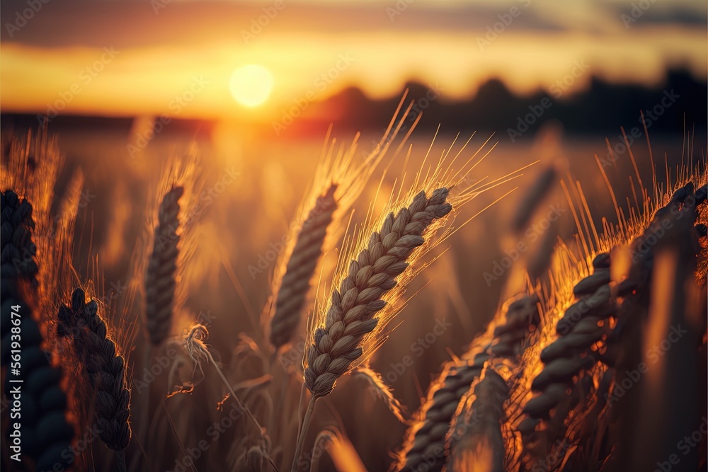 Poster a field of wheat at sunset with the sun setting in the background and a few clouds in the sky above 