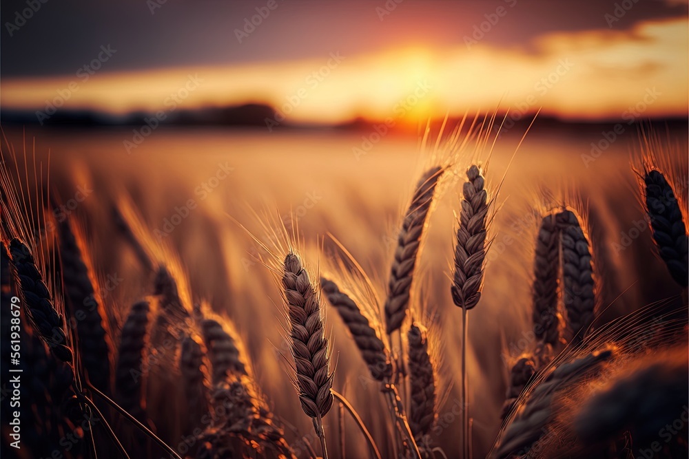 Poster a field of wheat at sunset with the sun setting in the background and a few clouds in the sky above 