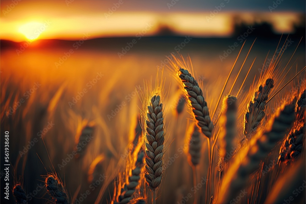 Poster a field of wheat at sunset with the sun setting in the background and a few clouds in the sky above 
