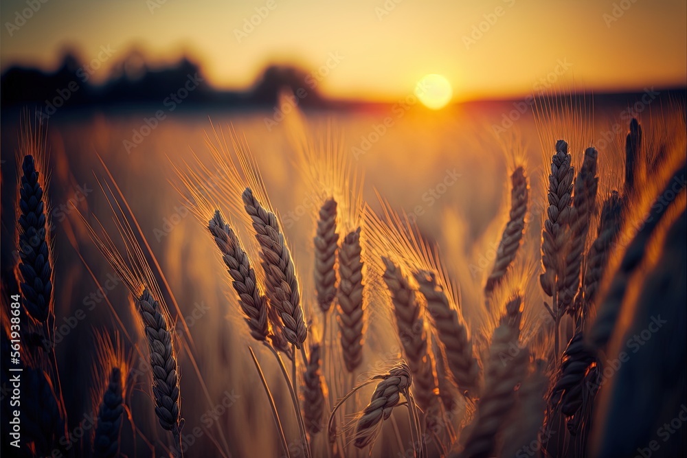 Poster a field of wheat at sunset with the sun in the distance and a few clouds in the sky above it and a f