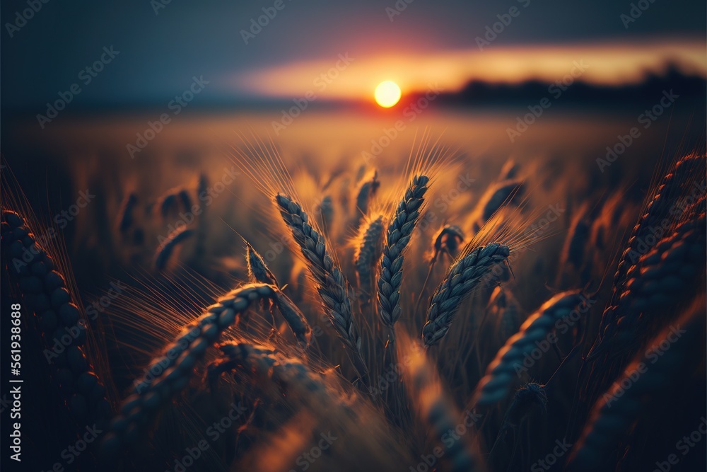 Poster a field of wheat with the sun setting in the background and a dark sky with clouds and a few clouds 