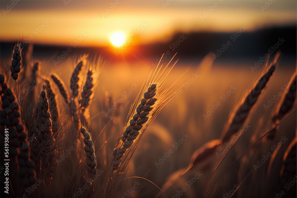 Poster a field of wheat with the sun setting in the background and a few clouds in the sky above it, with a