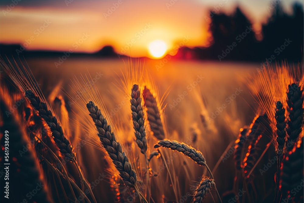 Poster a field of wheat at sunset with the sun setting in the background and a few trees in the foreground,