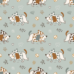 Cute Dog Playing with Ball. Seamless Pattern with Little Puppies. Vector Childish Background. Baby Funny Animal. Great for T-shirt Print Design for Kids.