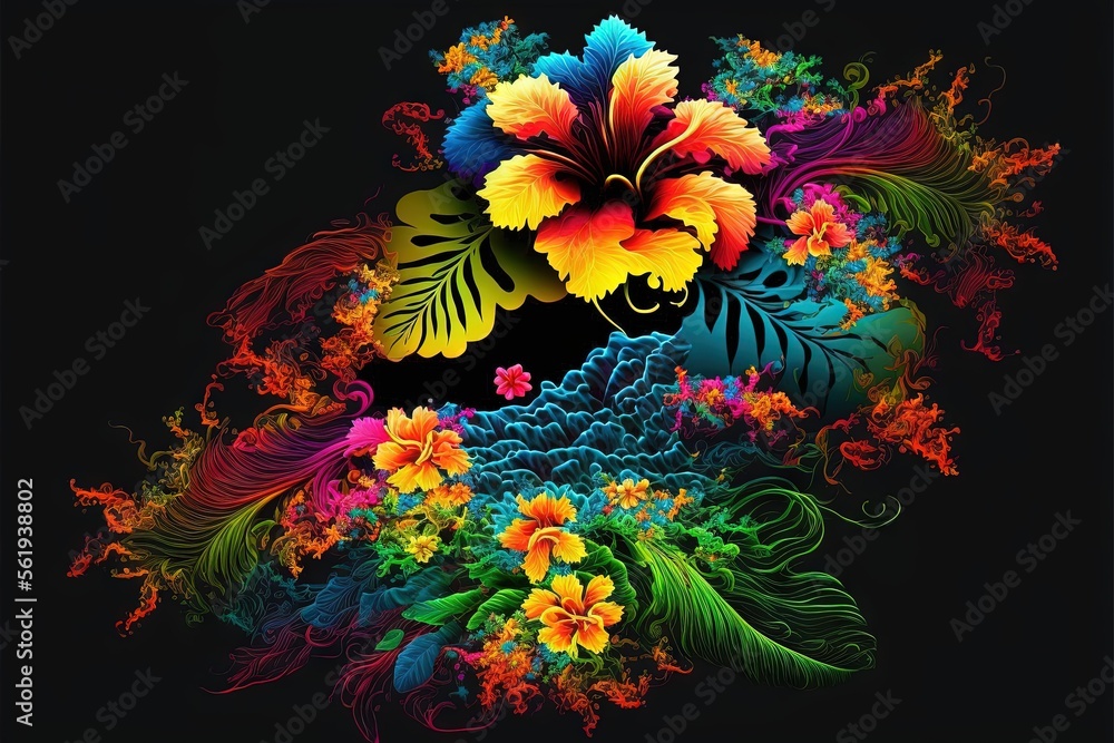 Poster a colorful painting of flowers and leaves on a black background with a black background behind it is
