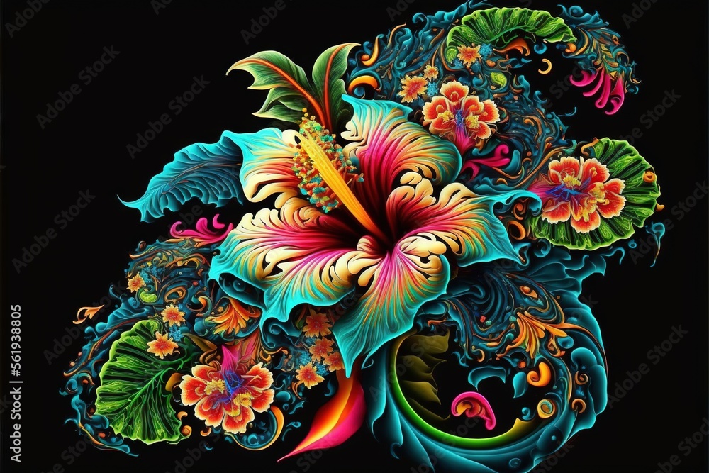 Poster a colorful flower with a black background is shown in this image, it is very colorful and has a blac