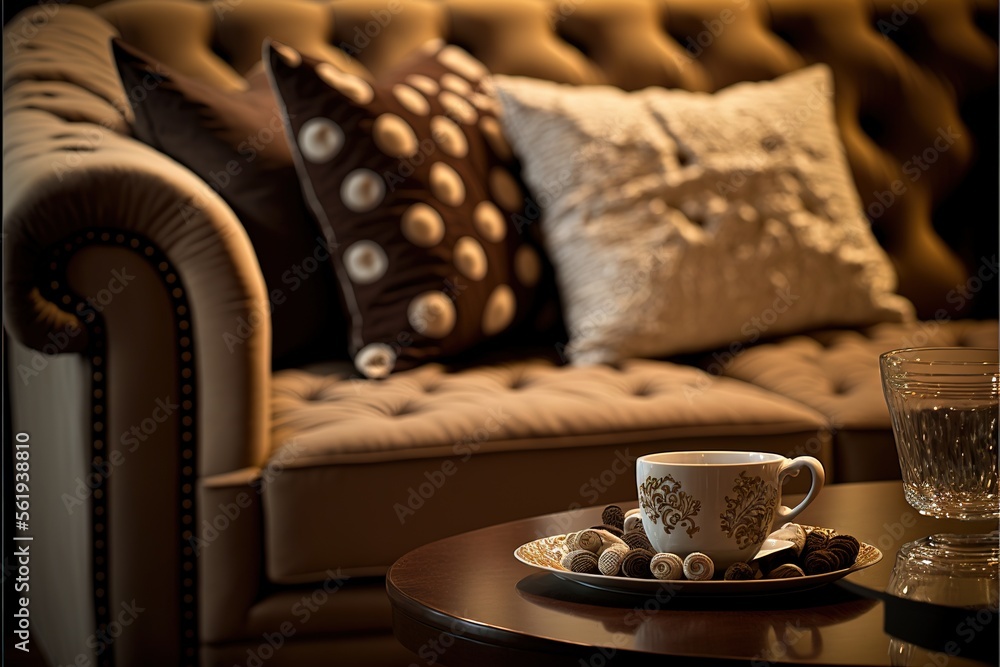 Aufkleber a coffee cup and a plate on a table in front of a couch with pillows and a glass of water on it and 