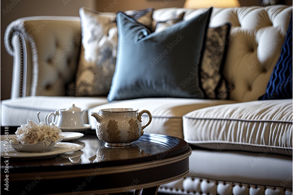 Poster a table with a tea pot and a tea cup on it in front of a couch with pillows on it and a lamp on the 