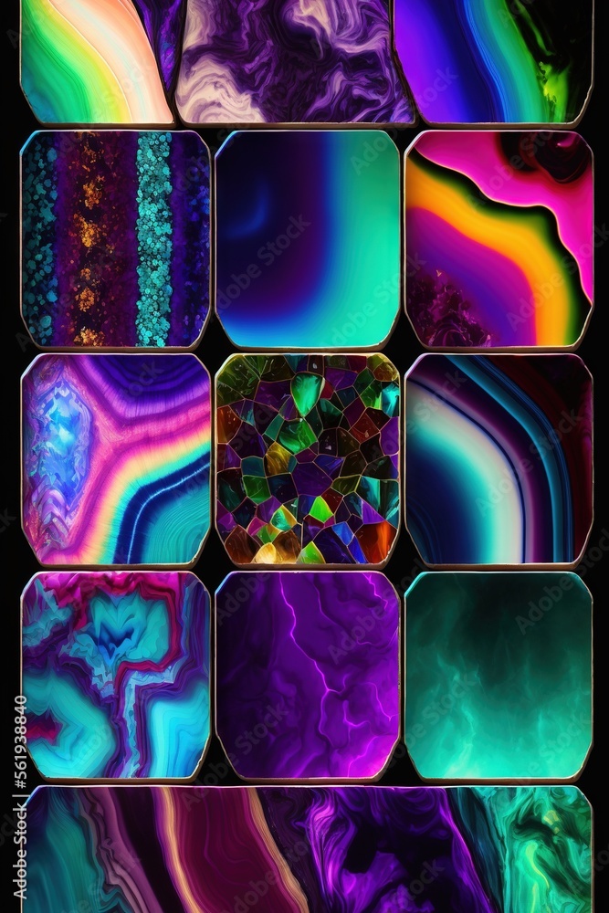 Poster a series of images of different colors of liquid paint on a black background with a black background