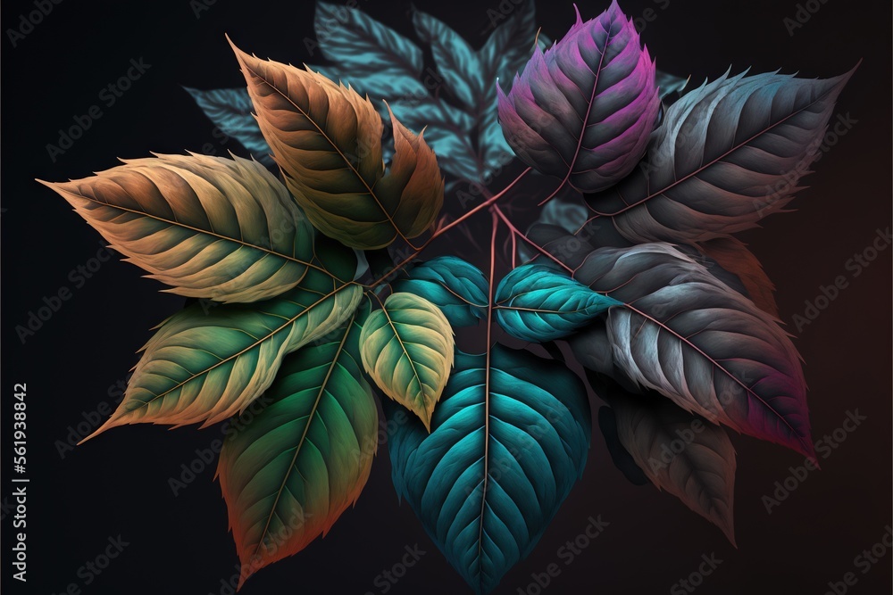 Aufkleber a painting of a colorful leaf on a black background with a reflection of the leaves on the bottom of