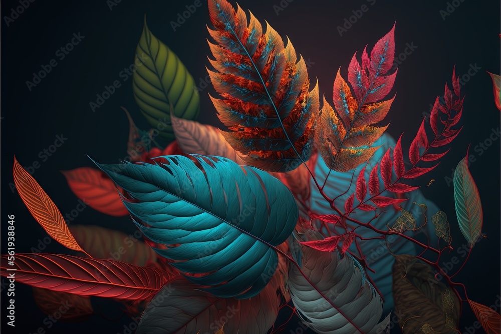 Poster a bunch of colorful leaves on a black background with a black background behind them and a black bac