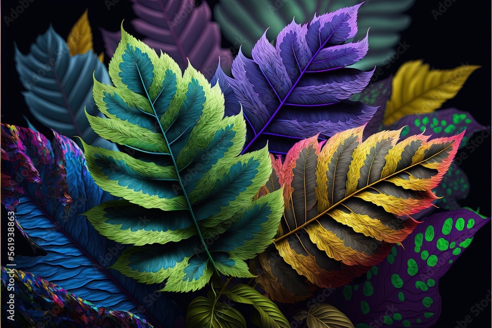 Poster a group of colorful leaves on a black background with a black background behind them is a picture of