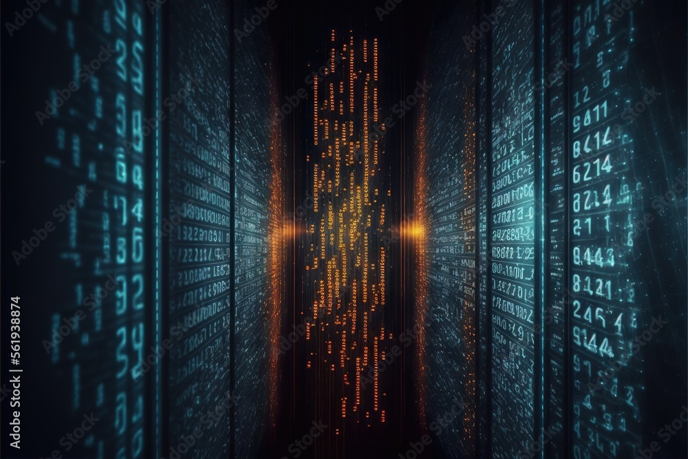 Poster a dark hallway with rows of data on the wall and a light at the end of the tunnel in the center of t