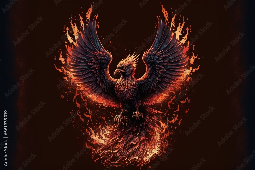 Poster a bird with a flamey body and wings on it's back legs, with a black background and a red background 