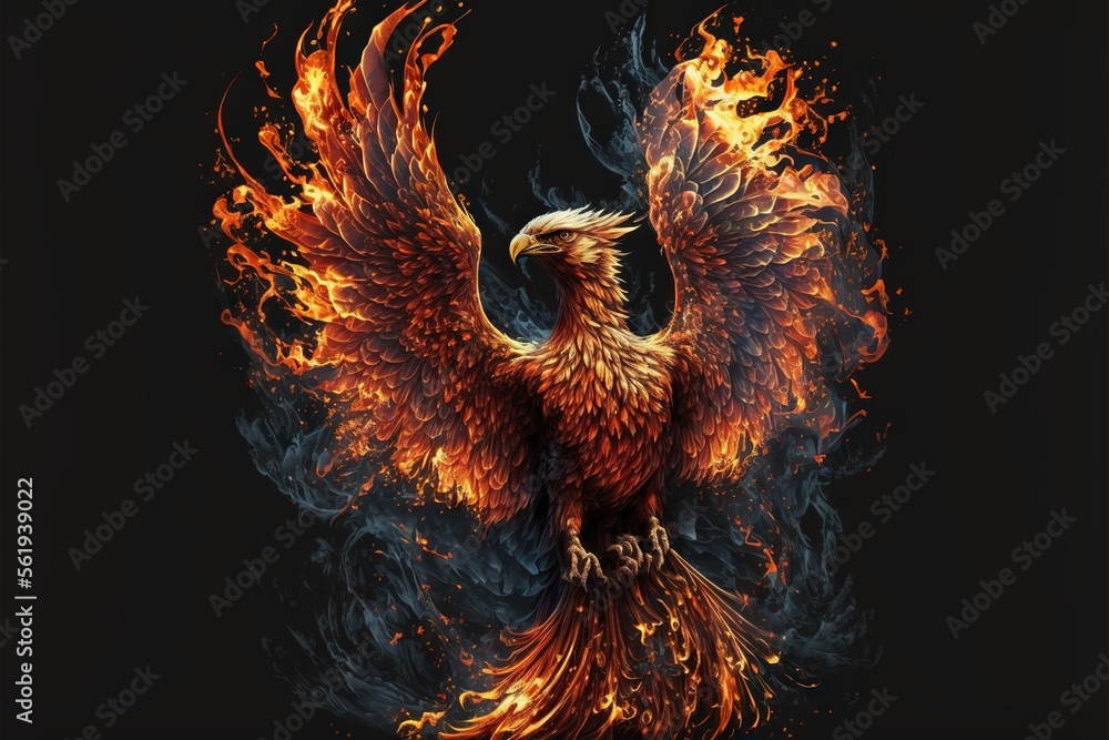 Poster a bird with orange and red feathers on it's wings and wings spread out, with a black background and 