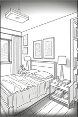 interior of bed room, bedroom interior for colouring book, coloring Pages, adult coloring Pages 