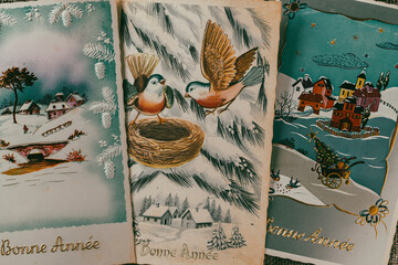 Old retro french postcards with the words Bonne Annee what is translated Happy New Year in French....
