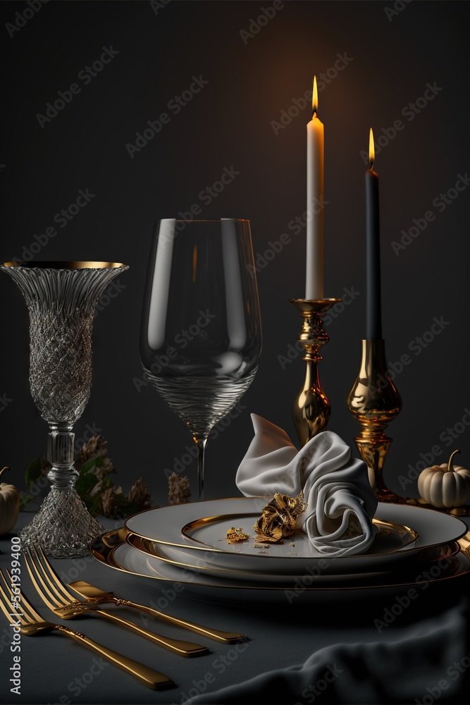 Poster a table with a plate, silverware, and a candle on it with a napkin and a glass on the plate next to 
