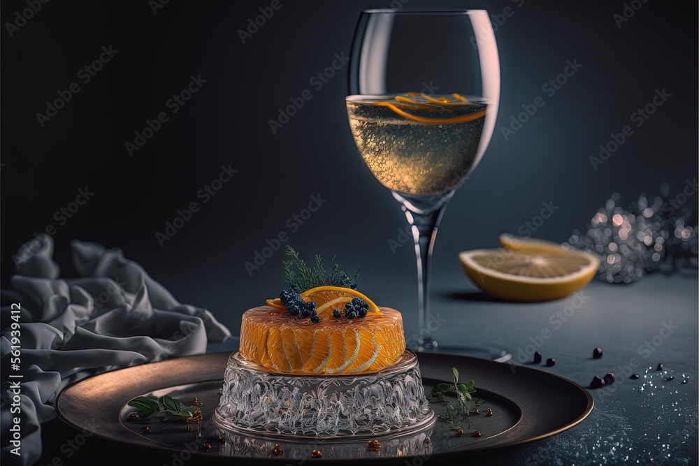 Poster a fancy cake on a plate with a glass of wine in the background and a lemon slice on the plate with a