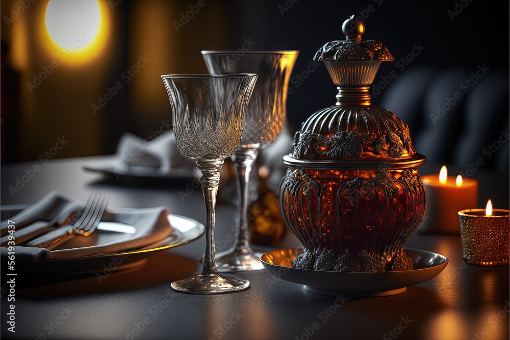 Poster a table with a candle and a glass on it with a candle holder on top of it and a plate with a candle 