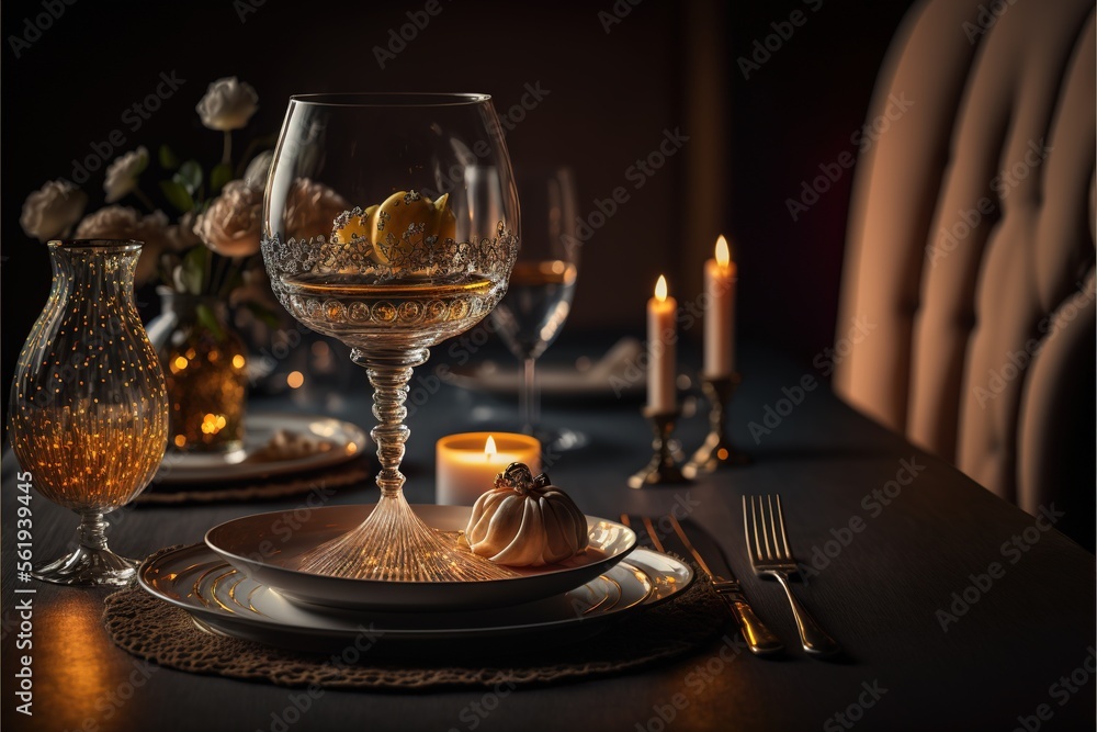 Aufkleber a table with a plate, wine glasses and candles on it with a candlelight in the background and a vase