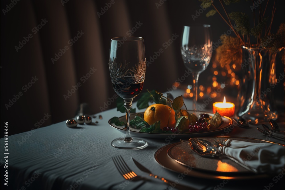 Poster a table with a plate of fruit and a glass of wine on it with a candle in the background and a plate 