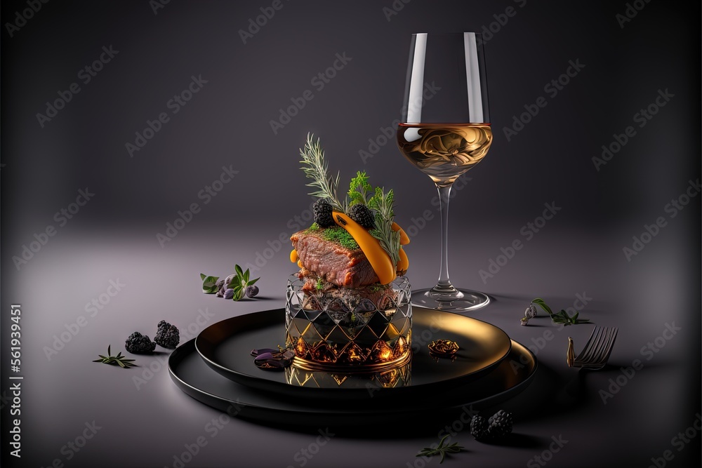 Poster a plate with a glass of wine and a plate with a meat dish on it and a glass of wine on the side of t