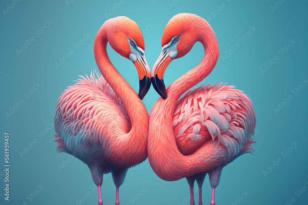 Aufkleber two flamingos standing next to each other with their necks touching each other's heads with their ne
